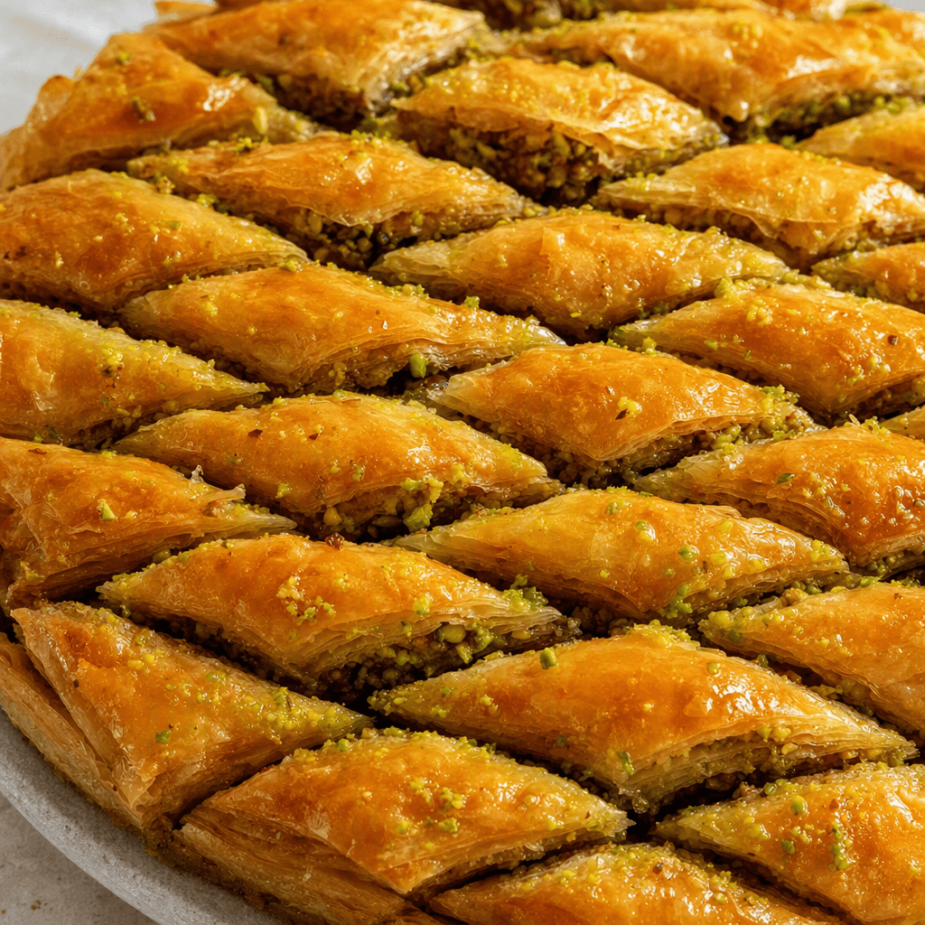 İnce hamurun altın renginde, çıtır katları baklava dilimi biçiminde kesilmiş; aralarına yeşil kıyılmış fıstık serpilmiş ve üstü hafif parlak şerbetle kaplanmış dilimler servis tabağına yan yana dizilmiş.
