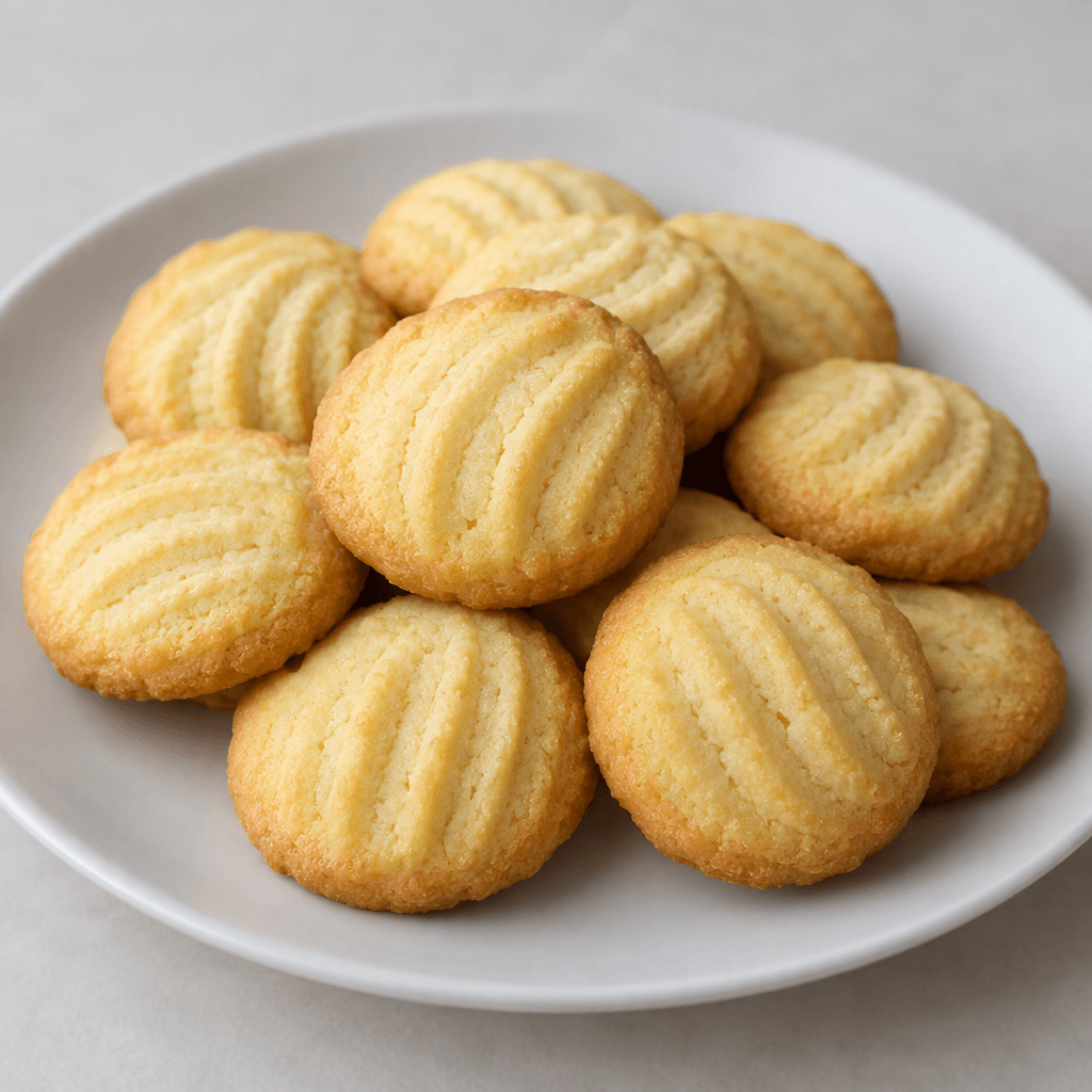 Small, round butter cookies with lightly golden edges, pale yellow centers, smooth crumbly surfaces, and shallow ridged or stamped patterns, arranged on a plain plate.