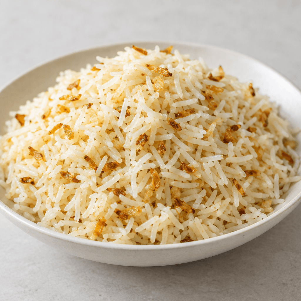 A mound of fluffy, separate long-grain rice with a warm ivory colour, lightly coated with glossy butter, and dotted with small golden-brown toasted pieces, served in a shallow bowl or on a plate.