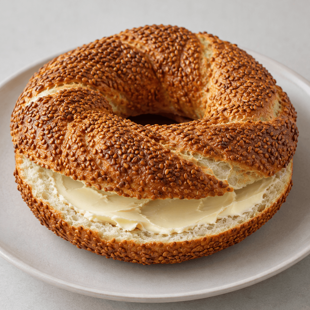 A golden-brown, ring-shaped sesame bread with a crisp, deeply textured crust, split open to show a pale, creamy layer of butter spread across the cut surface and served on a plate.