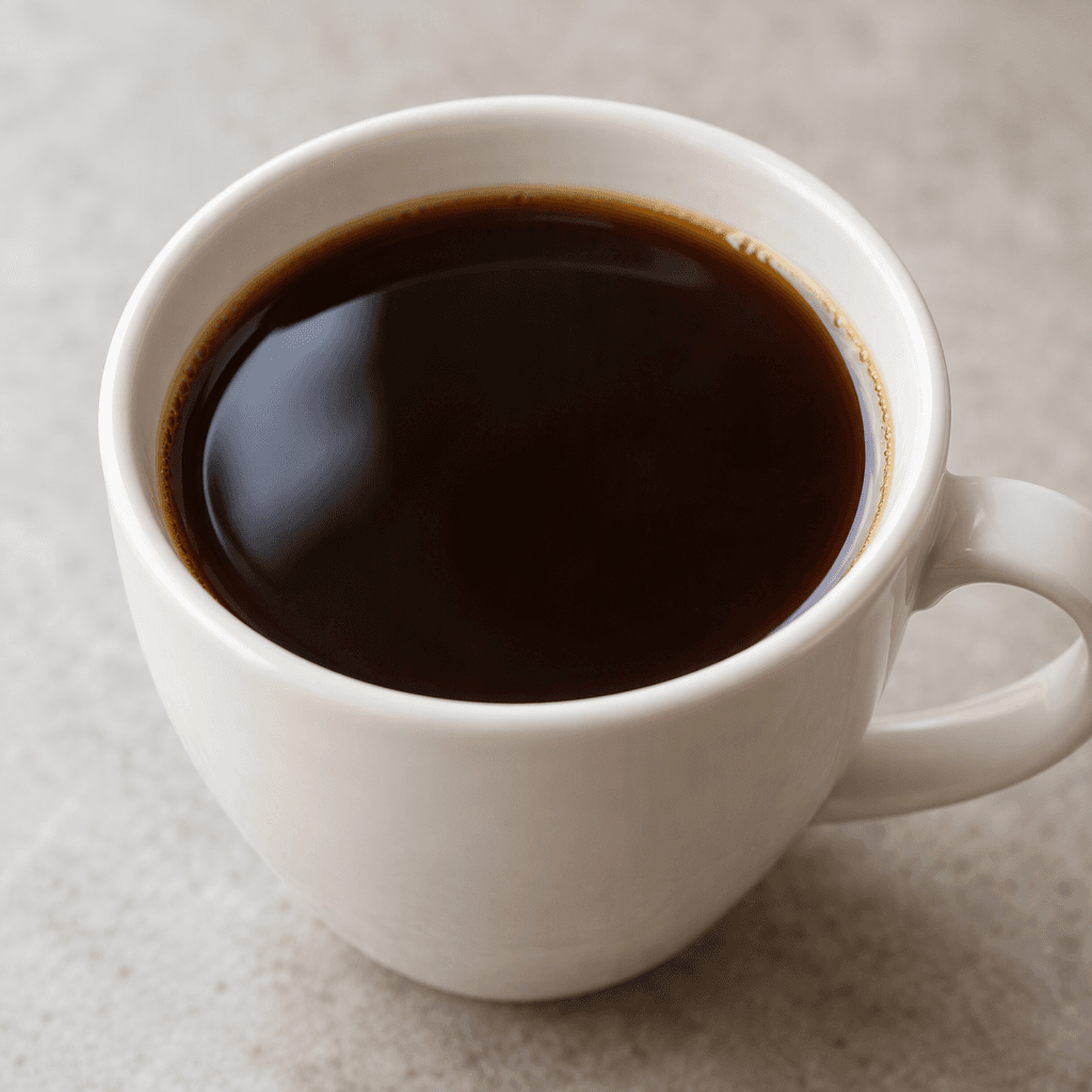 A cup of dark brown coffee with a smooth, lightly reflective surface and no visible milk or foam.
