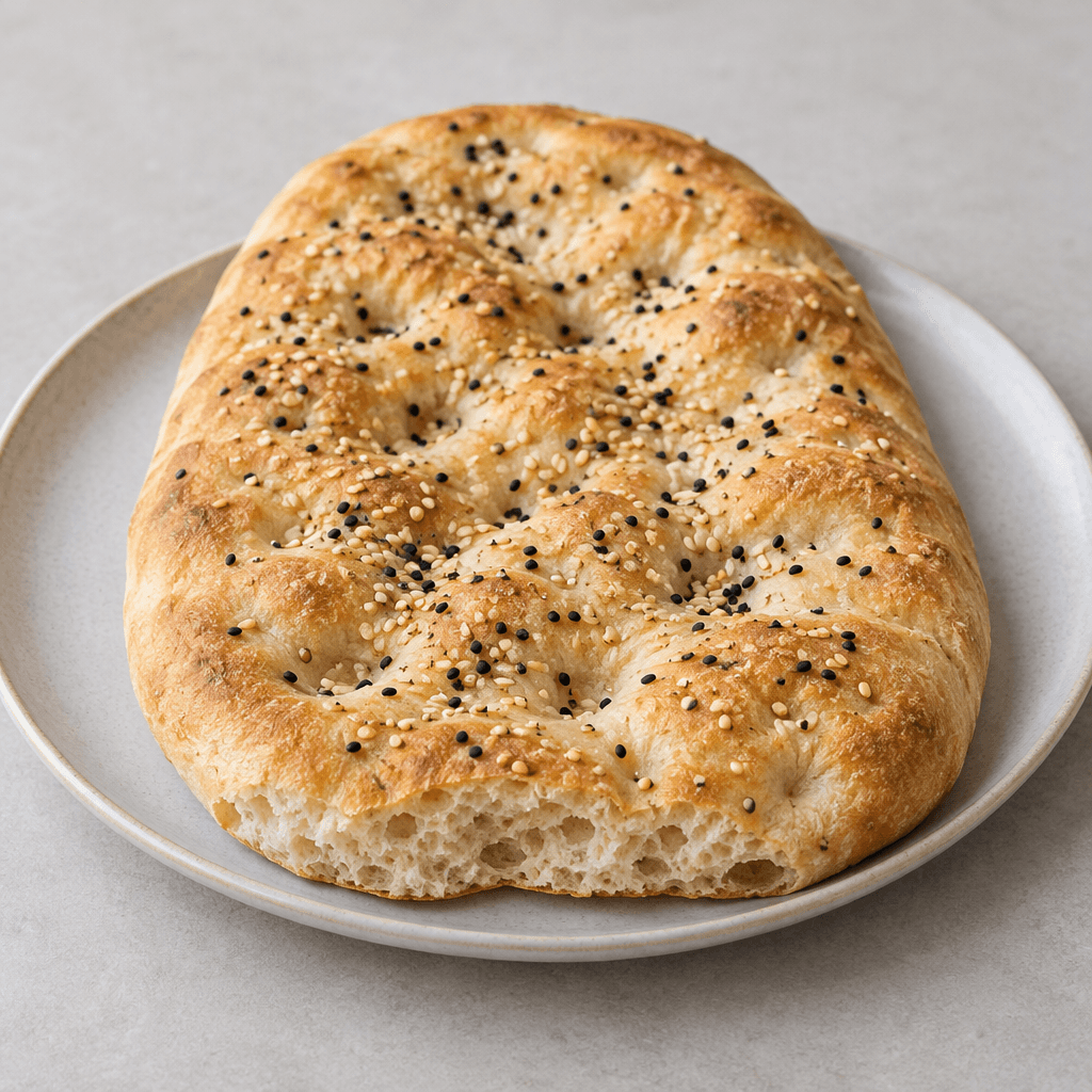 A long, oval, lightly puffed flatbread with a pale golden-brown surface, shallow fingertip dimples, a soft airy crumb visible along a torn edge, and a scattering of black nigella and pale sesame seeds on top, served whole on a plate.