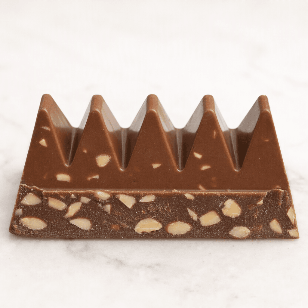 A milk-chocolate bar formed from a row of tall triangular peaks, with pale almond pieces visible in its smooth brown surface and cut edges.