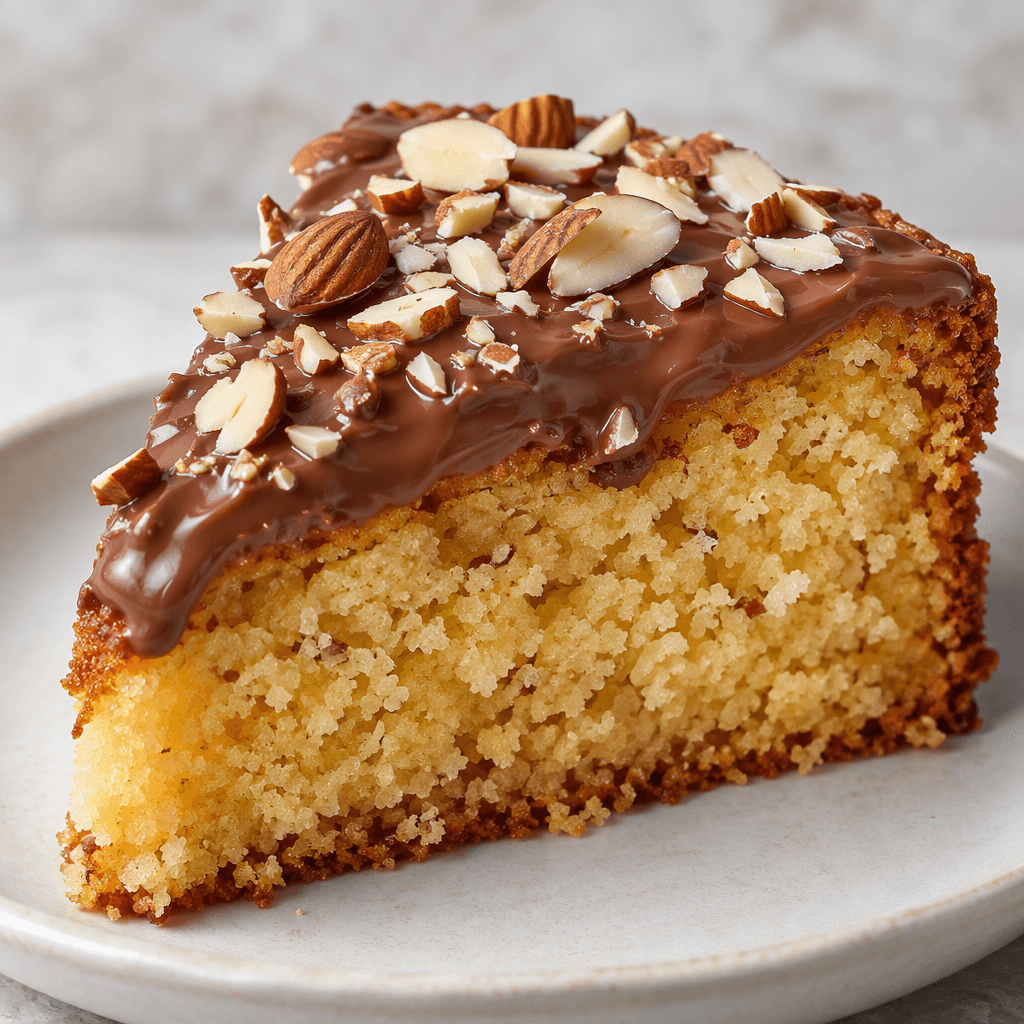 A slice of golden-brown cake with a tender, slightly crumbly interior, scattered almond pieces, and a glossy layer of milk chocolate on top.