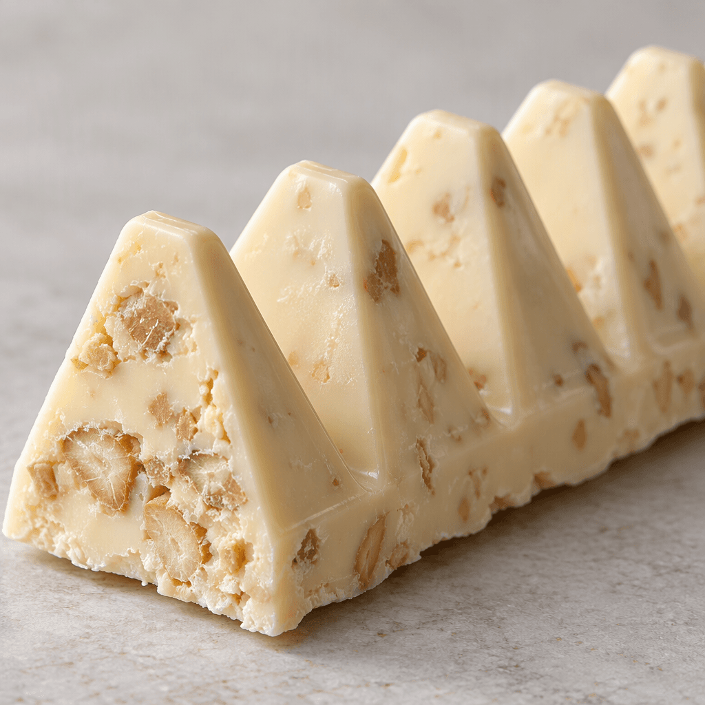 A creamy ivory-white chocolate bar is divided into a row of tall triangular peaks, with a smooth, faintly glossy surface and a few small tan nut and nougat pieces visible in the broken edges.