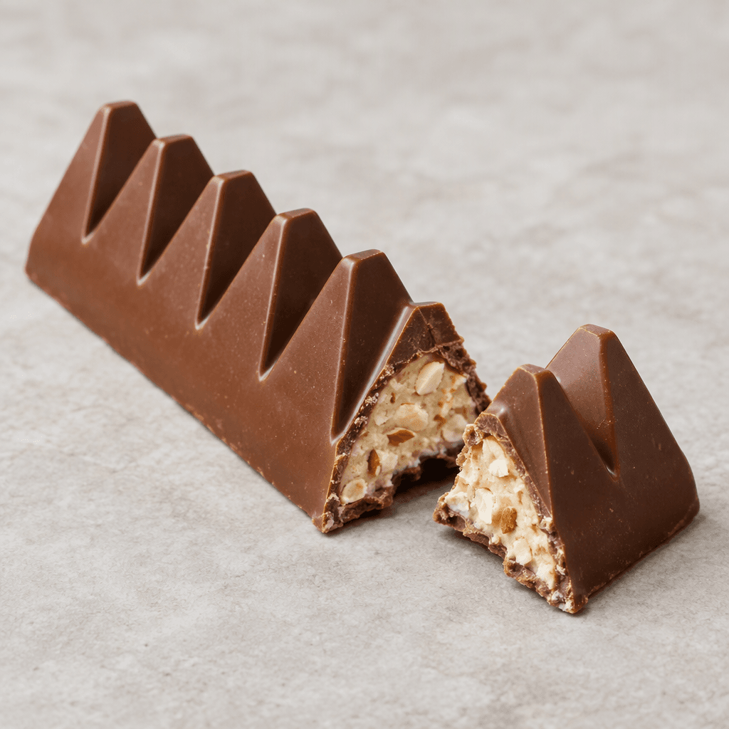 An unwrapped, elongated milk-chocolate bar with a row of sharply pointed triangular peaks, a smooth medium-brown surface, and pale honey-almond nougat with small almond pieces visible where it is broken.