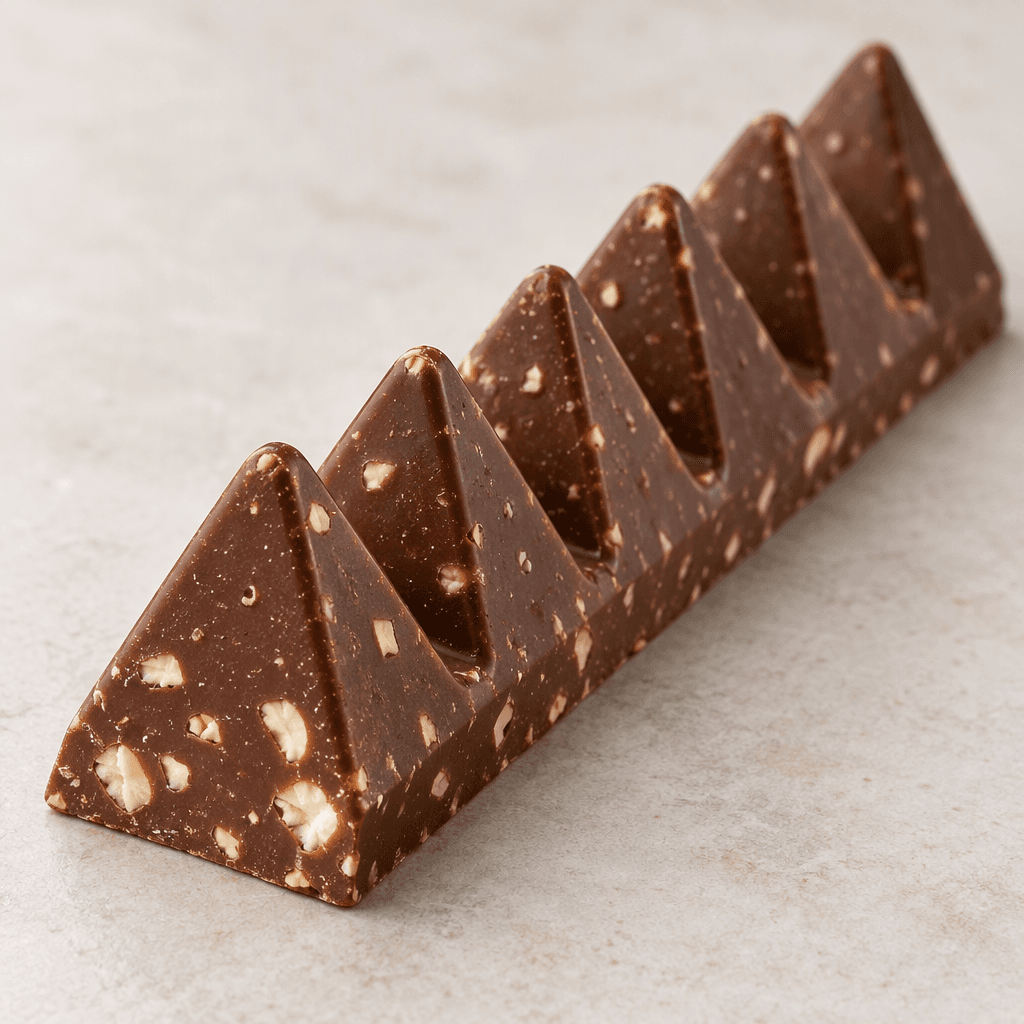 A long, brown chocolate bar with a triangular cross-section, divided into a row of pointed peaks and dotted with tiny pale pieces of almond nougat.