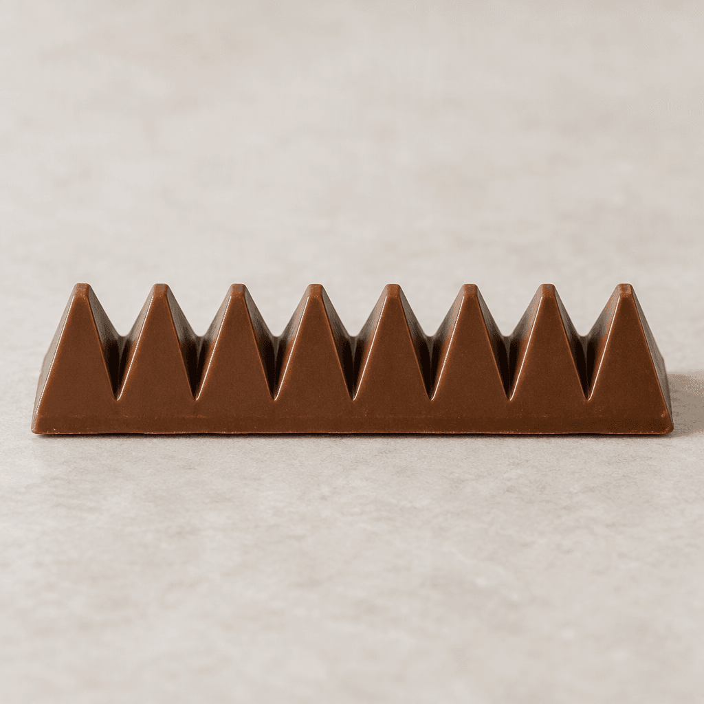 A long, narrow milk-chocolate bar is divided into a row of tall, sharply pointed triangular peaks, with a smooth medium-brown surface and clean angular edges.