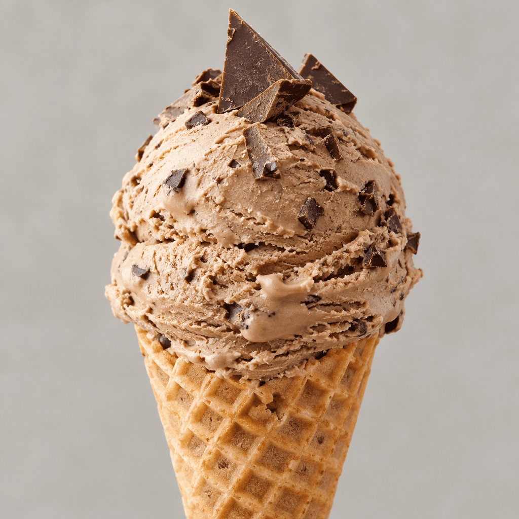 A waffle cone holds a rounded swirl of light-brown ice cream dotted with small chocolate pieces, topped with a few triangular chocolate shards.