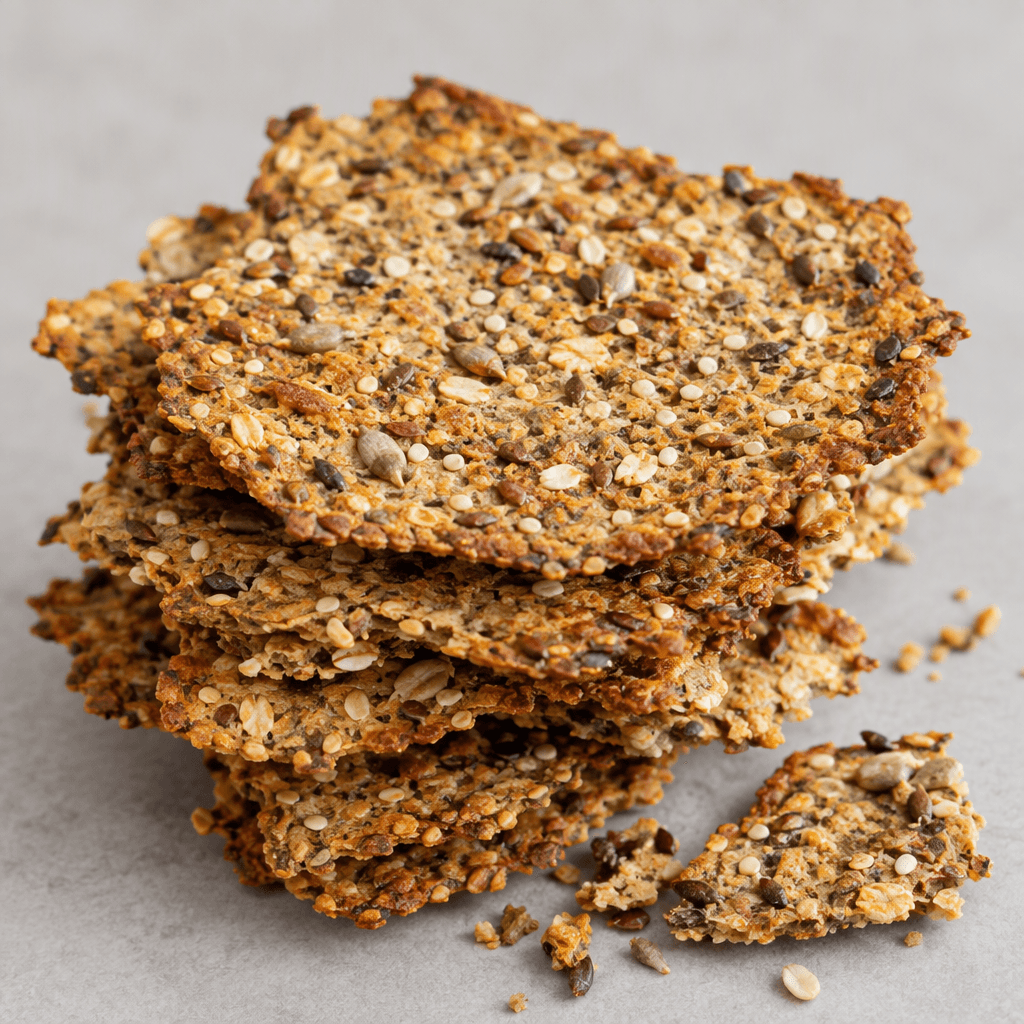 Thin, crisp, irregularly shaped golden-brown crackers with a rough surface densely covered in visible mixed seeds and small grain flecks, with slightly darker toasted edges and a few broken pieces beside them.