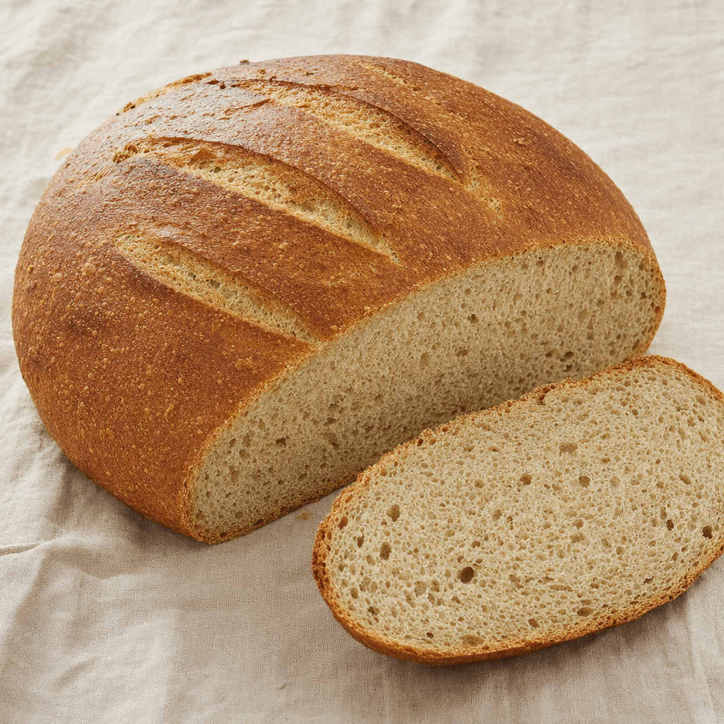 A broad, round loaf of wheat bread with a gently domed, deeply browned crust, shallow cuts across the top, and a pale, airy crumb visible in a thick slice beside it.