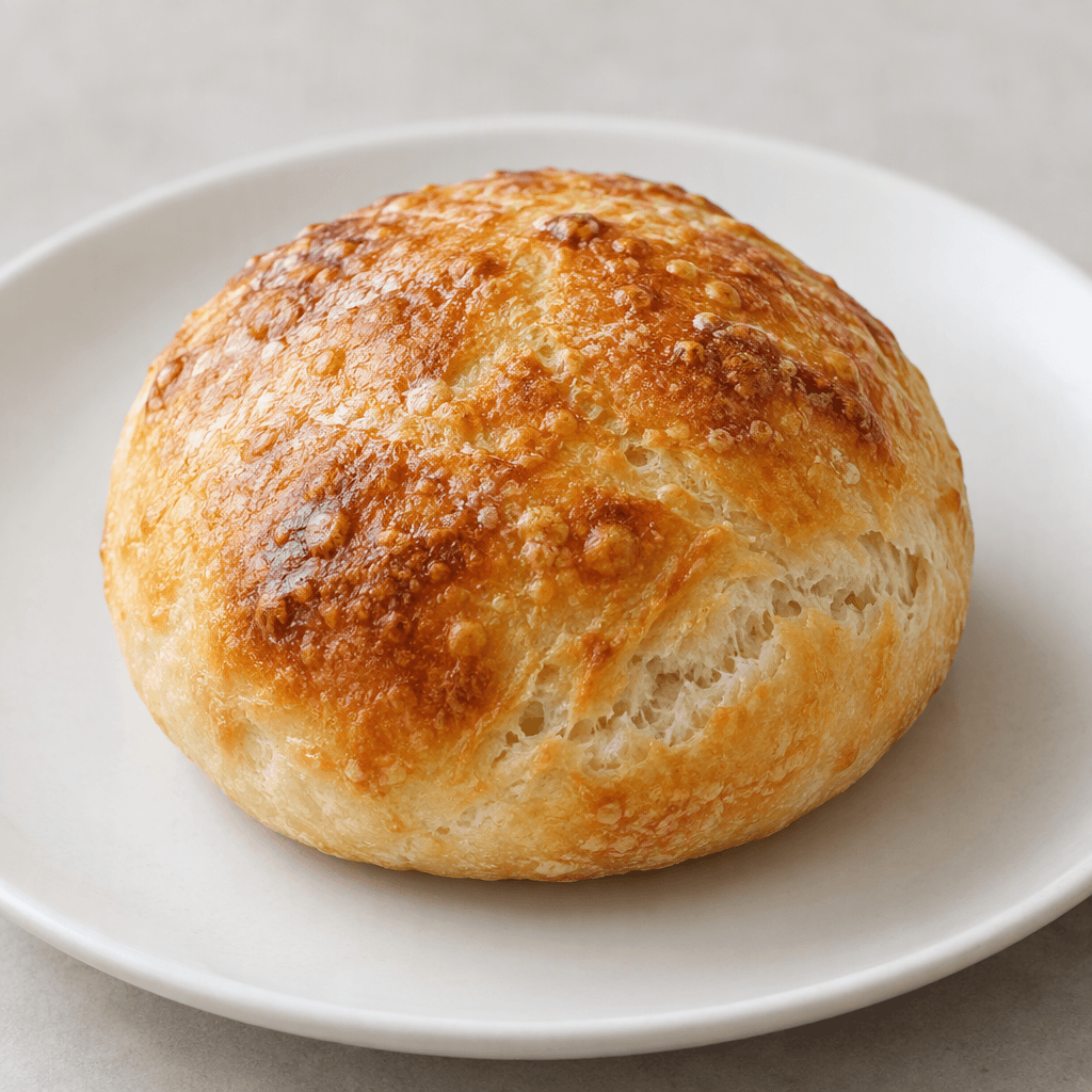 A small, round, thick and puffy bread with a golden-brown, lightly blistered crust and a soft, pale interior visible along a torn edge, served whole on a plain plate.