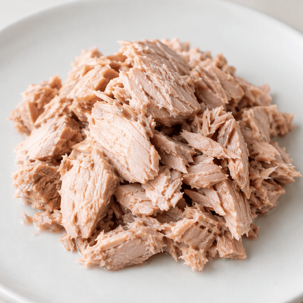 Pale pink to beige tuna meat in compact, moist flakes and small chunks, loosely arranged on a plain plate.