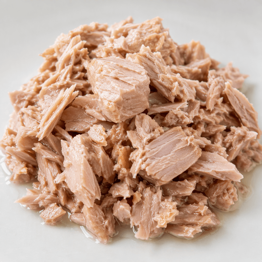 Moist, light pink-beige tuna is arranged in loose flakes and small chunks, with a slight sheen of clear oil.