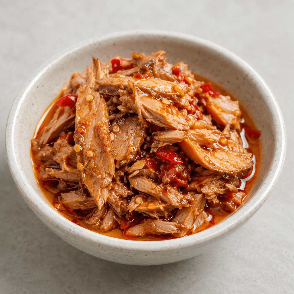 Pinkish-brown tuna flakes coated in glossy red-orange chili oil sit in a small dish, with a few visible chili pieces.