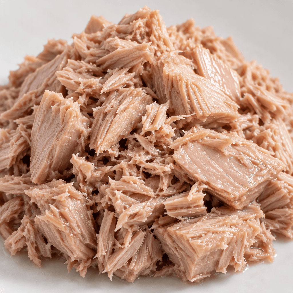 Moist, pale pink-beige tuna appears in irregular chunks and loose flakes with visible fibrous strands, piled together with a slight sheen of oil.