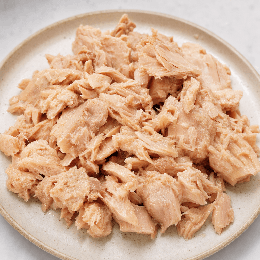 Pale pink-beige tuna is broken into moist, uneven flakes and small chunks, loosely piled on a plate.