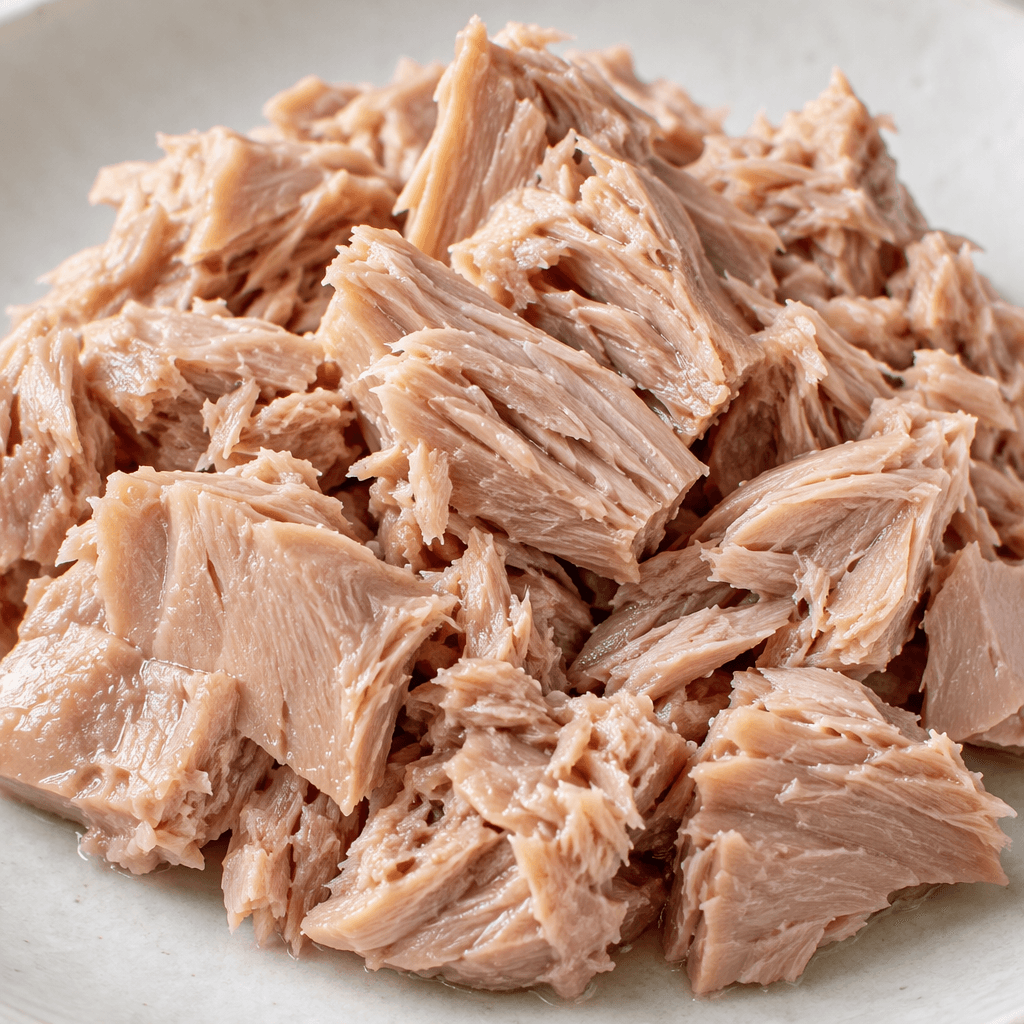 Irregular, moist chunks of light pink-beige tuna with visible fibrous flakes, loosely piled together.