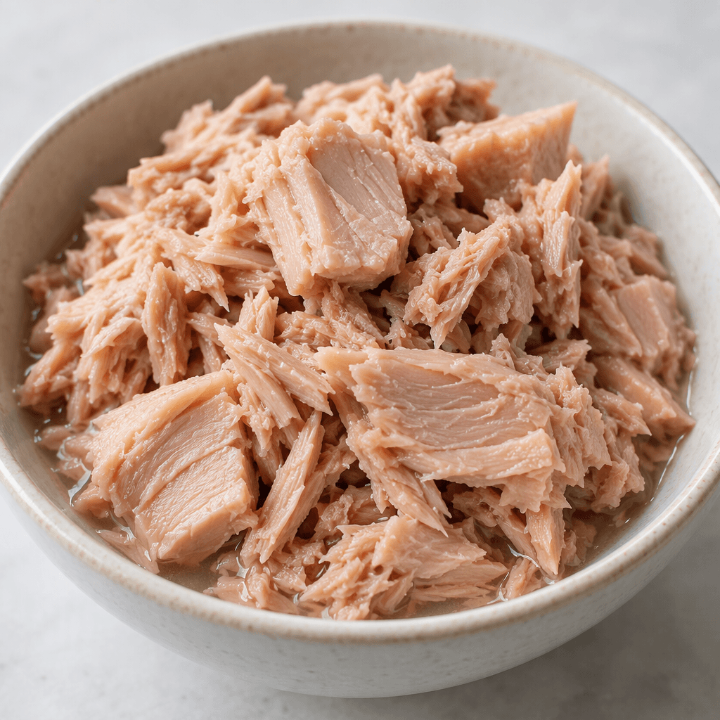 Pale pink-beige tuna appears in moist, irregular chunks and flakes, loosely gathered with a little clear water.