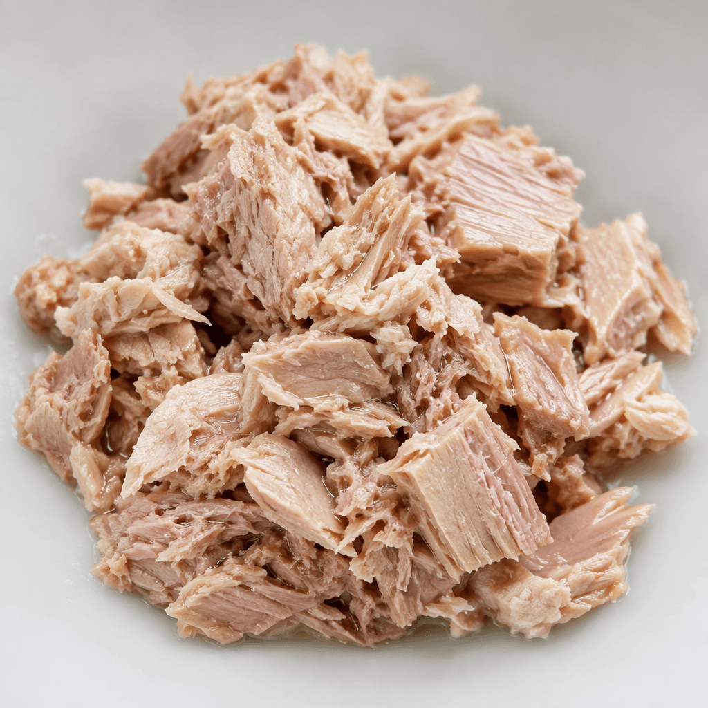 Moist pale beige to light pink tuna flakes and small chunks sit loosely together, with a slightly fibrous texture and a faint sheen of clear water.