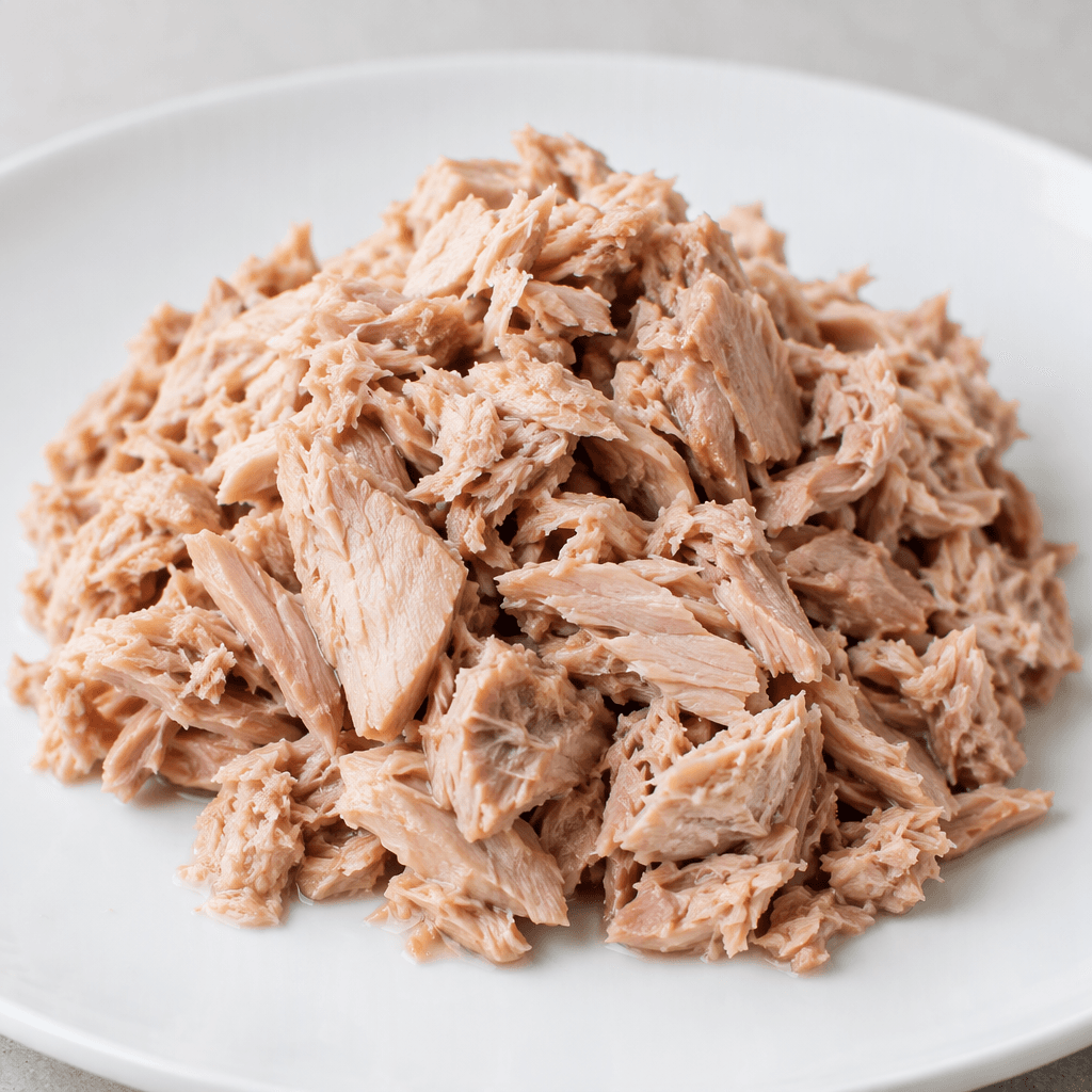 Loose flakes and small chunks of pale pinkish-beige tuna form a moist, slightly fibrous mound on a plain plate.
