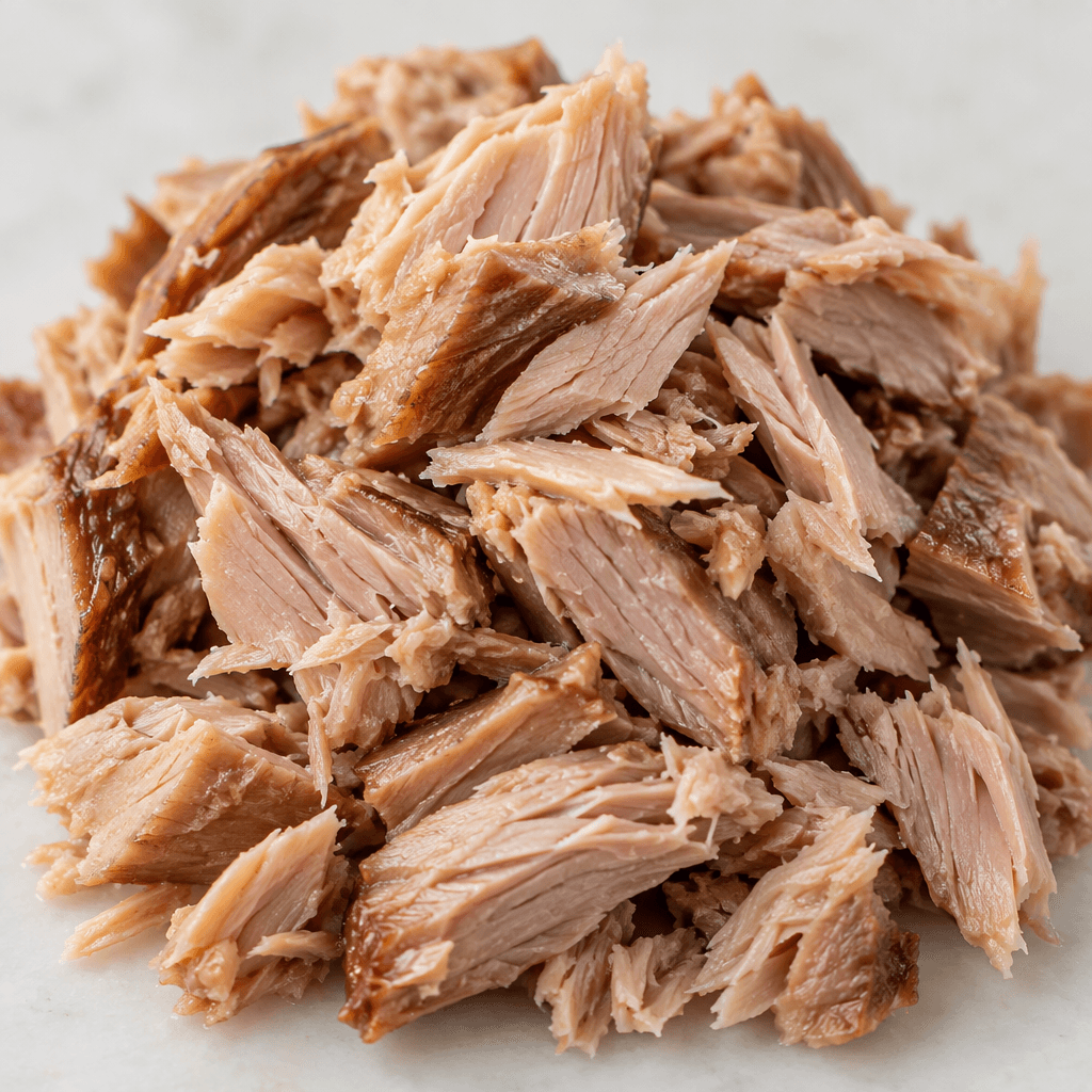 Loosely separated, irregular flakes and small chunks of smoked tuna, muted rosy tan to light brown with pale, fibrous edges and a slightly moist surface.