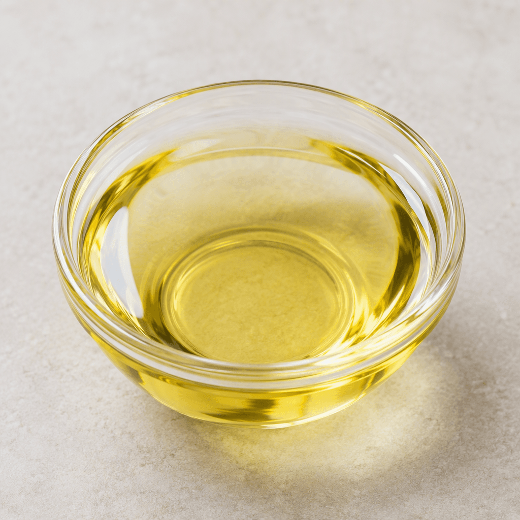 A clear, thin, pale golden-yellow oil with a glossy reflective surface, pooled in a small transparent dish.