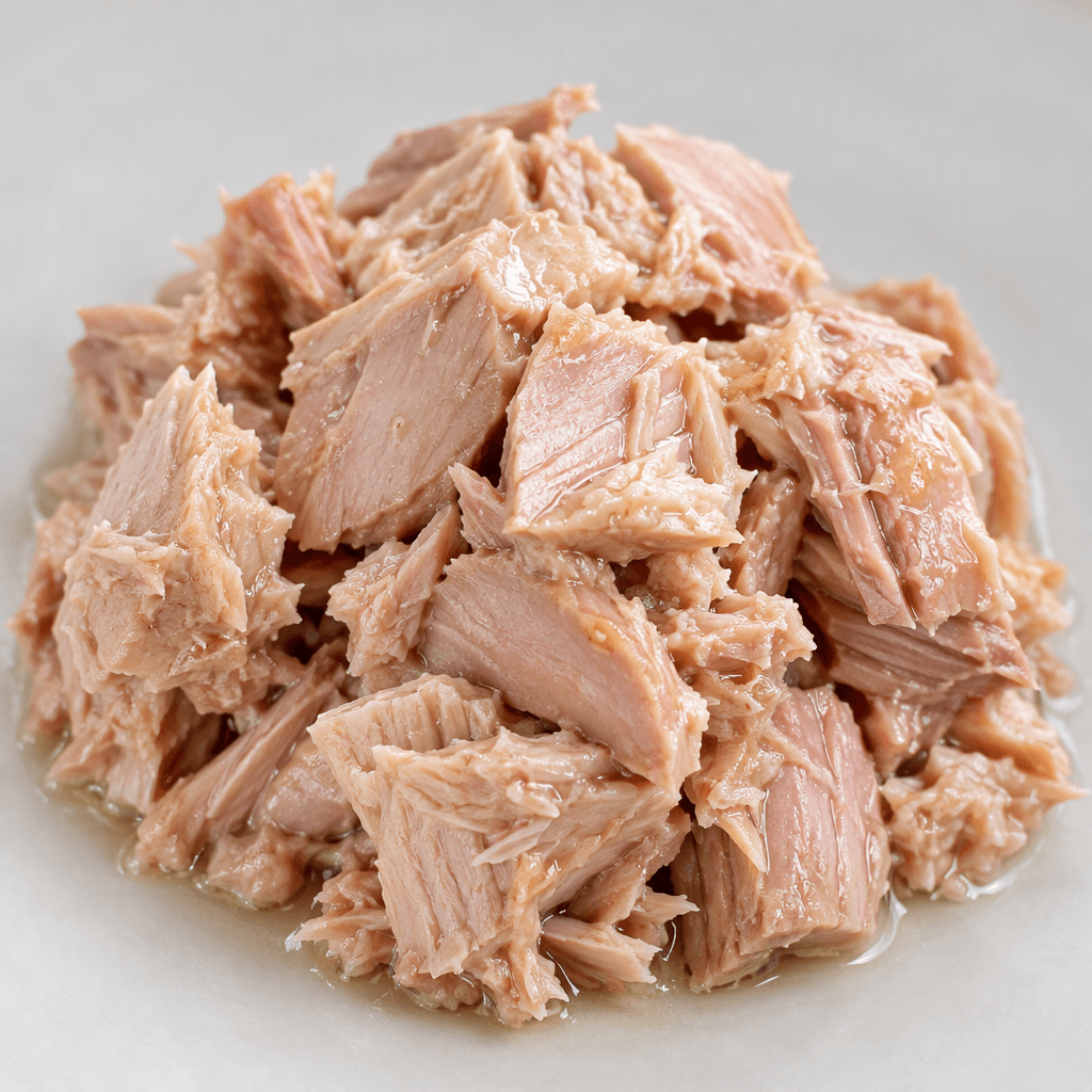 Moist, flaky chunks of pale pink to light beige tuna with a slightly fibrous texture, loosely piled and glistening with a thin sheen of oil.