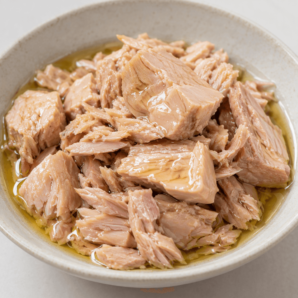 Irregular pale pink to beige flakes and compact chunks of tuna sit in a shallow dish, coated in a clear golden oil that gives the surface a glossy sheen.