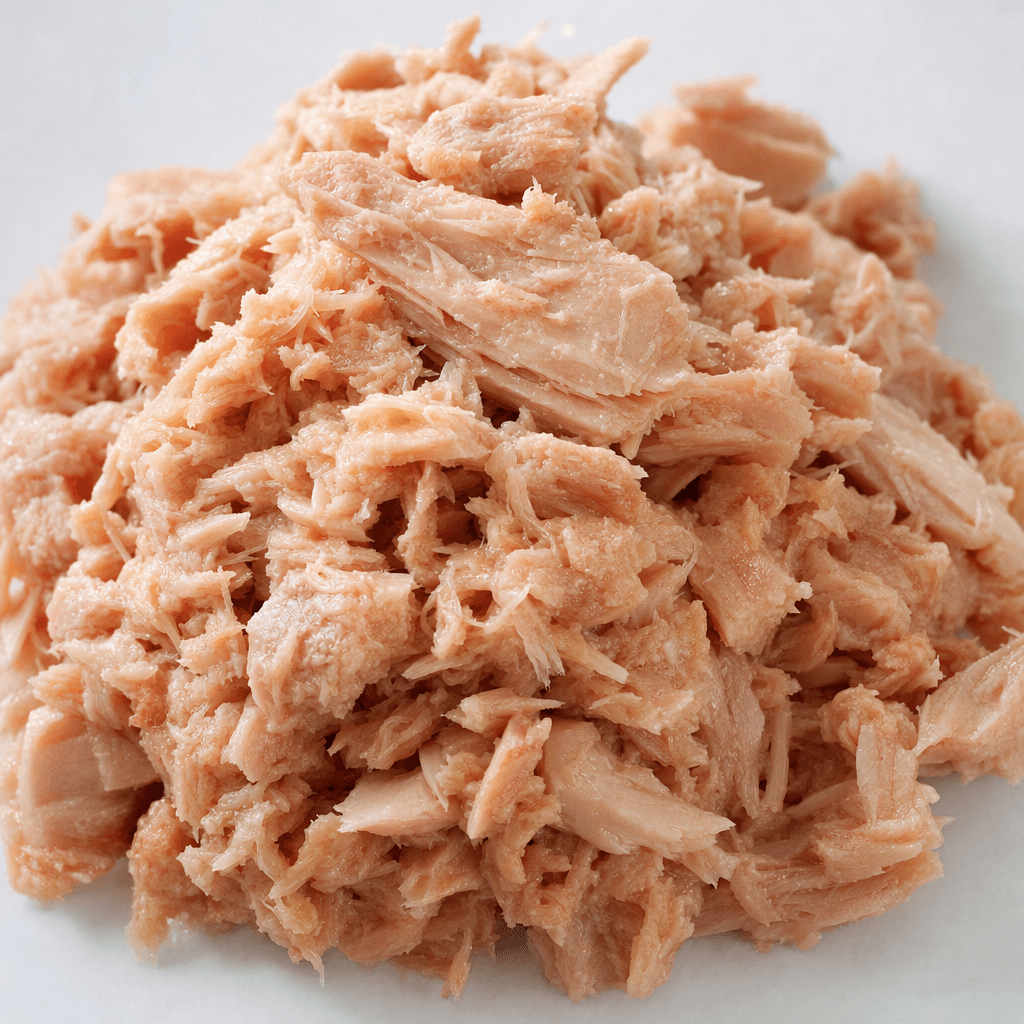 A loose mound of pale pinkish-beige tuna flakes and small chunks, with a moist, fibrous texture and irregular edges.