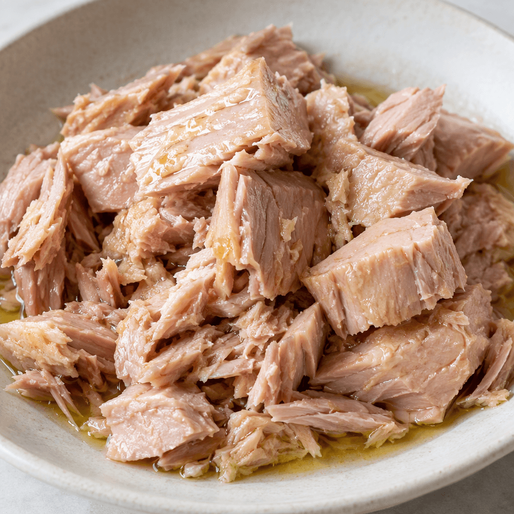 Pale pink to beige tuna appears in irregular tender flakes and small chunks, glistening with a thin golden olive-oil sheen in a shallow dish.