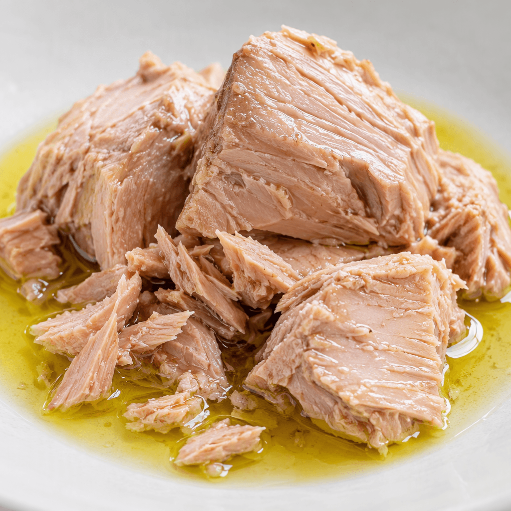 Pale pink-beige tuna pieces and flakes sit in a shallow pool of clear golden olive oil, with moist, fibrous surfaces and a few loose crumbs.