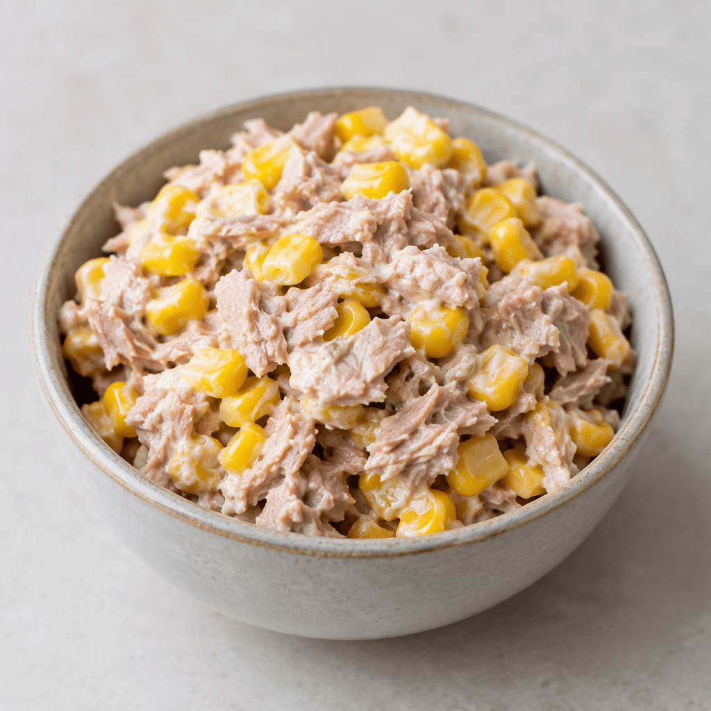 A creamy salad of pale pinkish tuna flakes and bright yellow corn kernels, with the ingredients visibly mixed into a chunky, moist mound and served in a small bowl.