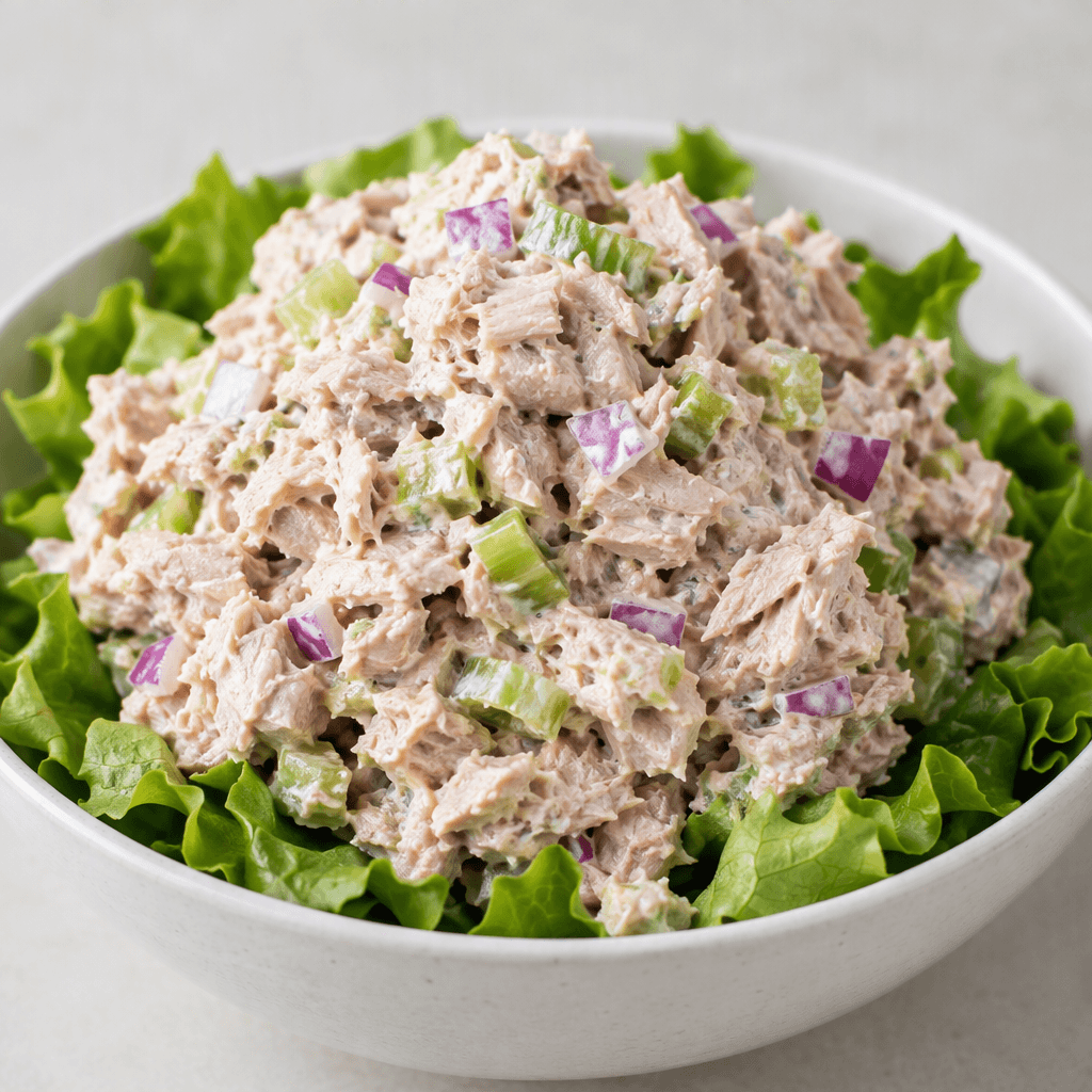 A mound of pale pink-beige flaked tuna bound in a creamy off-white dressing, with small pieces of green celery and purple-red onion visible throughout, served in a bowl over crisp green lettuce leaves.