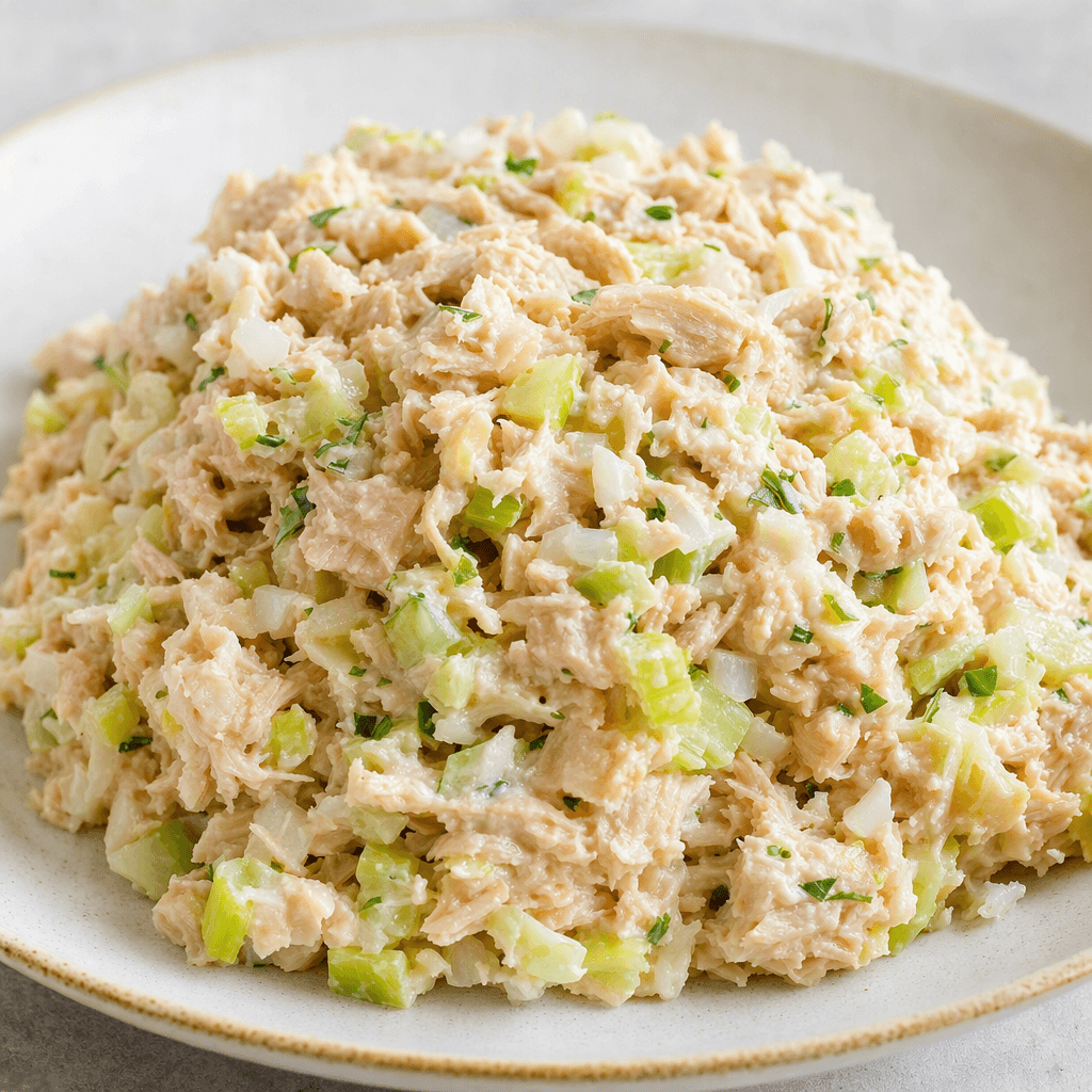 A creamy, pale beige mixture of flaky pinkish-tan tuna, small crisp pieces of celery and finely chopped onion, with occasional green flecks, piled in a loose mound on a plate.