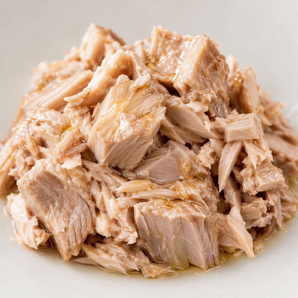 Pale beige-pink tuna flakes and small chunky pieces glisten with a light coating of golden olive oil.