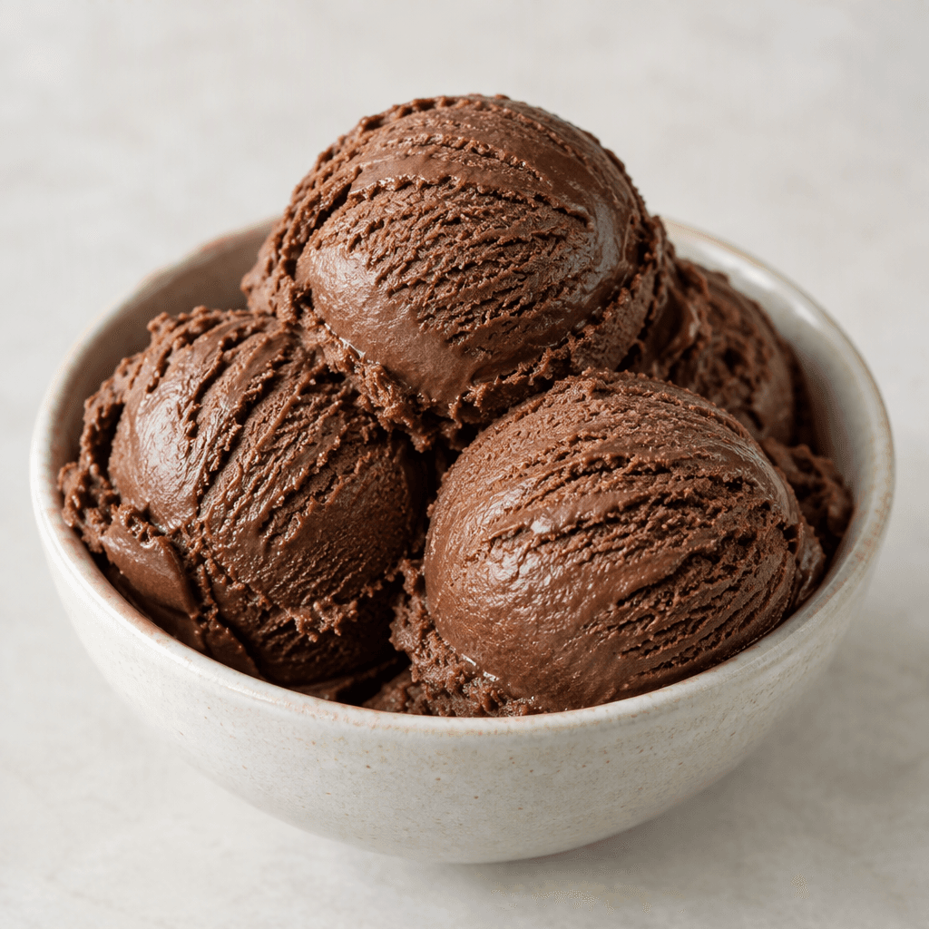Several smooth, rounded scoops of dark brown chocolate ice cream with faint ridges and a creamy surface sit in a small bowl.