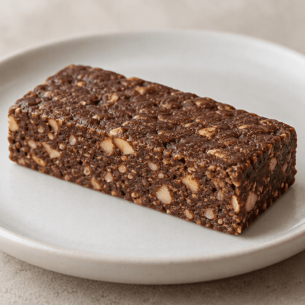 A compact, rectangular protein bar with a matte brown, slightly uneven surface and a dense, finely textured interior dotted with small lighter-coloured pieces, resting on a plain plate.