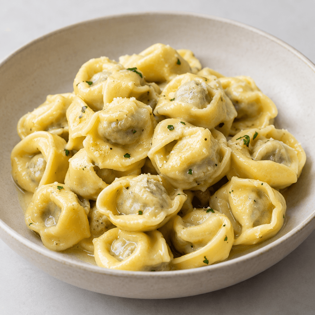 Small, plump rings of pale yellow pasta with folded, pinched edges and visible filled centers, arranged in a shallow dish and lightly coated with a glossy sauce.