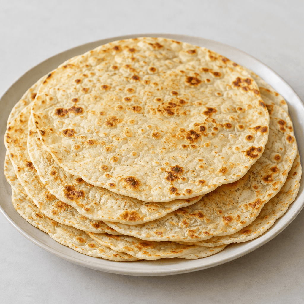 A stack of thin, round, flexible flatbreads with a pale cream-to-golden surface, scattered small toasted brown spots, and softly uneven edges, served overlapping on a plate.