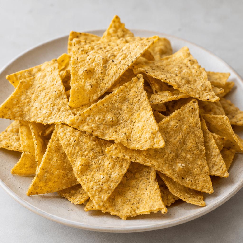 Thin, crisp triangular chips with uneven edges, a golden-yellow corn colour and lightly blistered, rough surfaces, piled loosely on a plate.