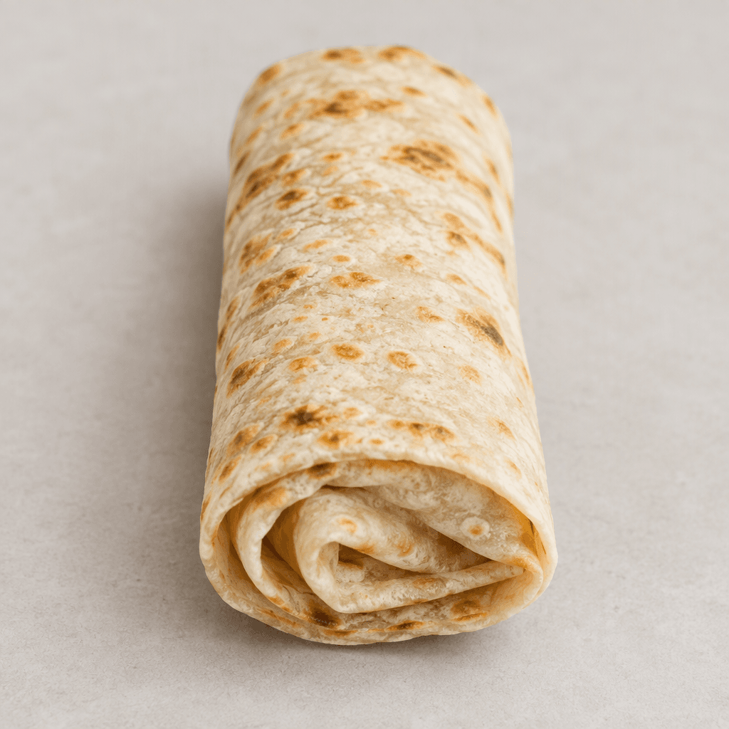 A soft, thin, pale beige flatbread rolled into a compact cylinder, with its folded edge and lightly browned surface visible.
