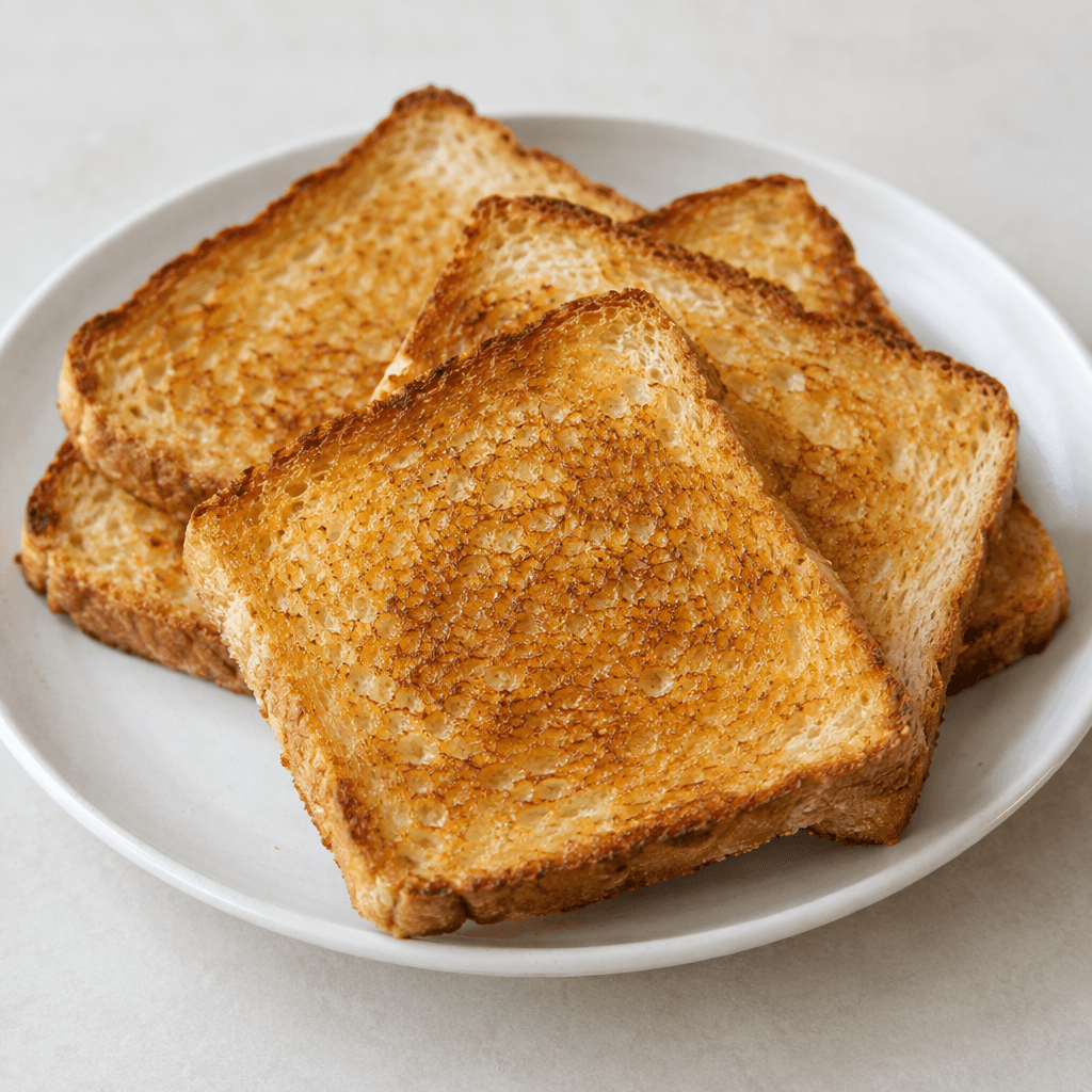 Several rectangular slices of toast bread with golden-brown, crisp-looking surfaces, pale soft interiors, and irregular toasted edges, arranged slightly overlapping on a plate.
