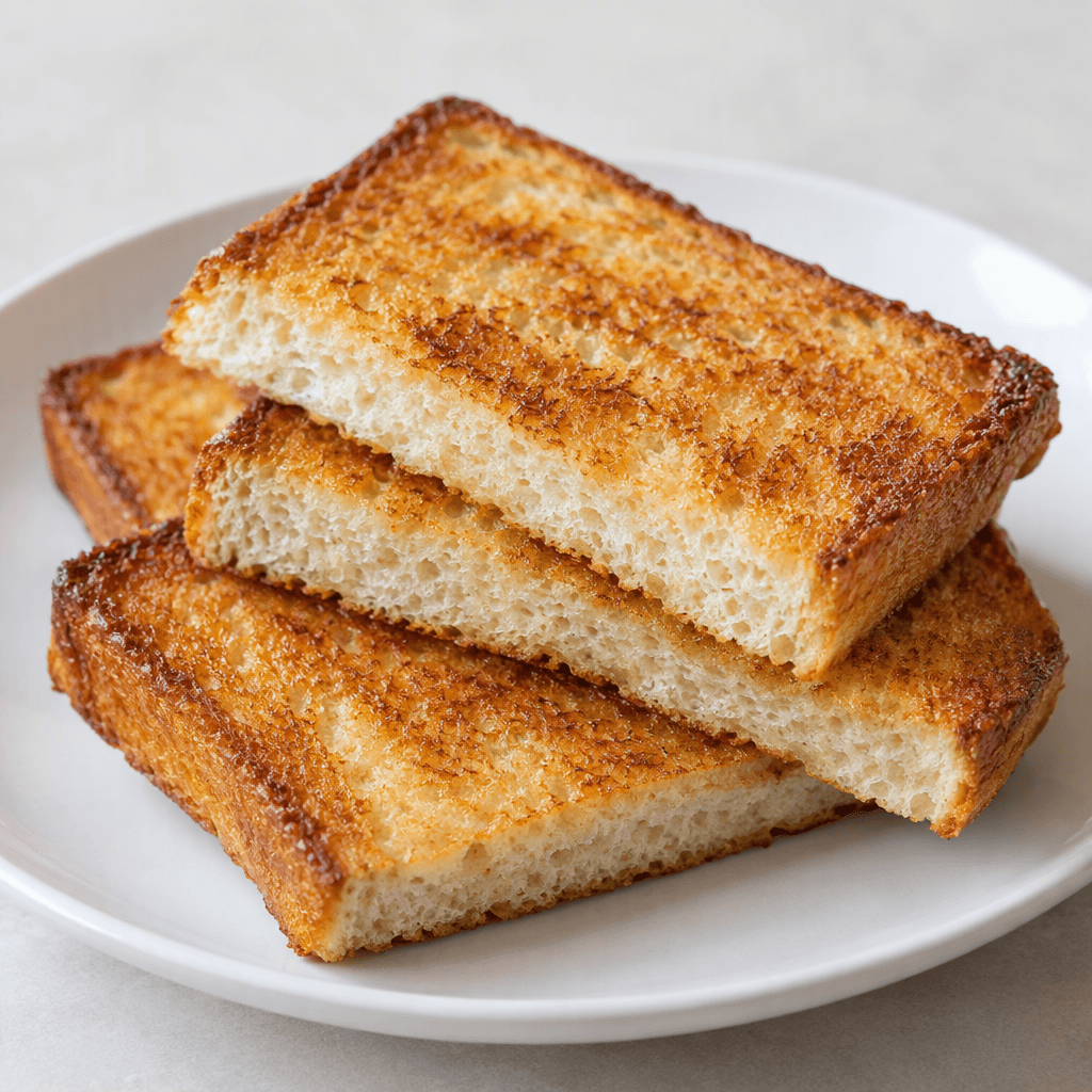Several rectangular slices of bread with a golden-brown toasted surface, slightly darker crisp edges, and a pale, soft-looking interior visible along the cut sides, arranged on a plate.