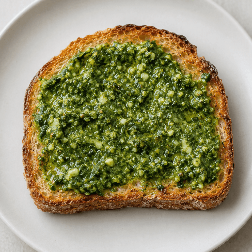 Altın kahverengi kızarmış ekmeğin üzerine küçük ot parçacıkları ve açık renkli kırıntılar içeren canlı yeşil pesto kalınca ve yer yer düzensiz biçimde sürülmüş; ekmek sade bir tabakta servis edilmiş.