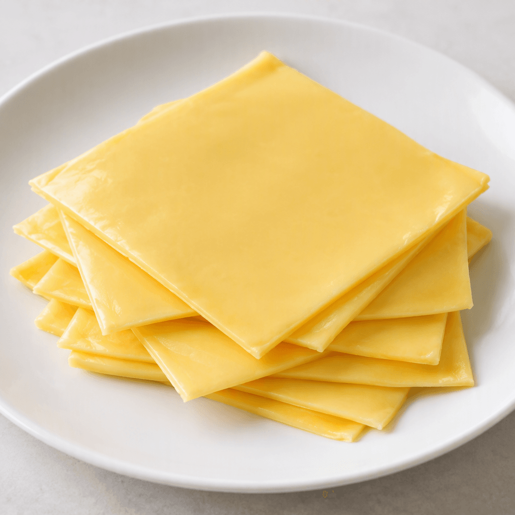 Smooth, glossy pale-yellow processed cheese appears as thin square slices, neatly stacked and slightly overlapping on a plain plate.