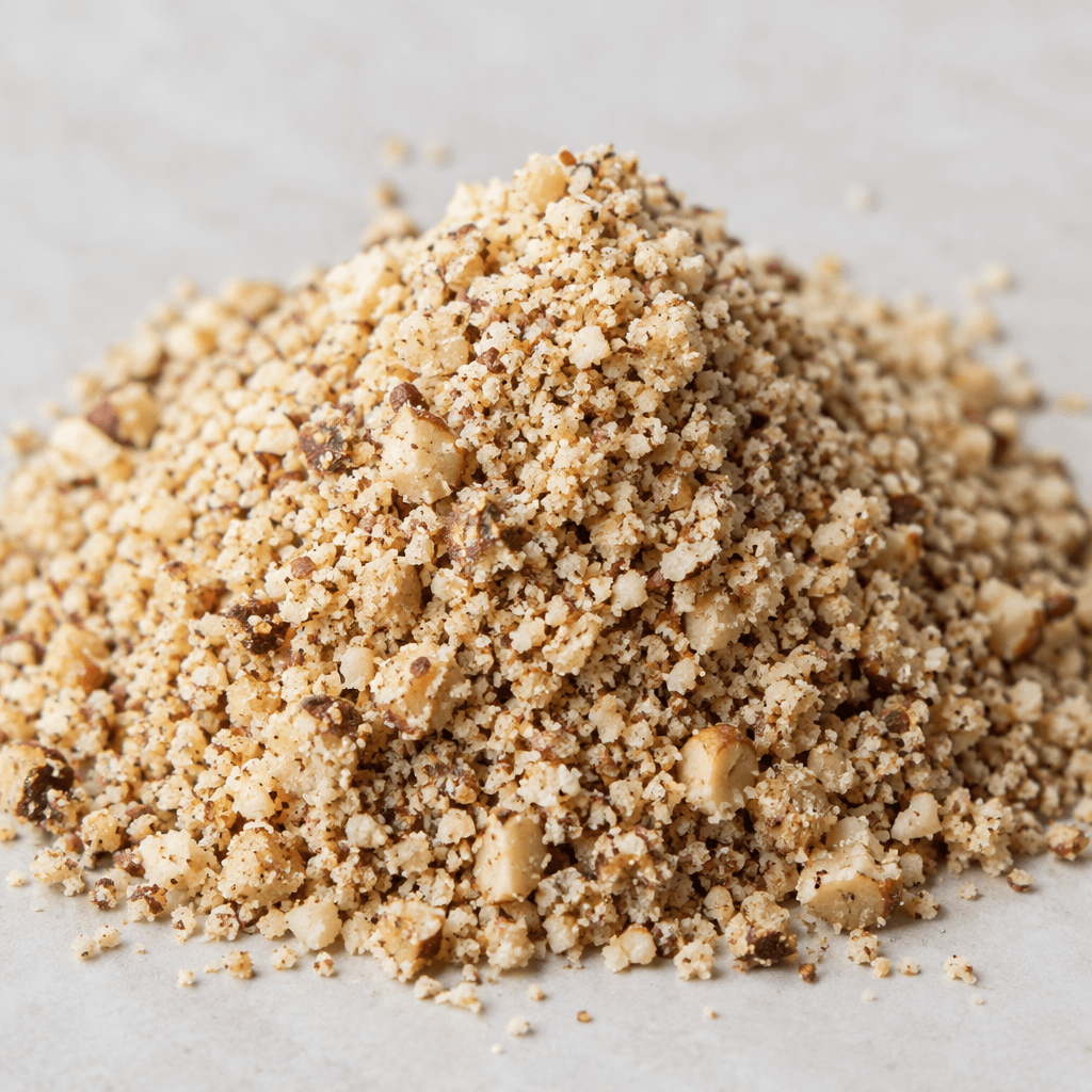 Finely ground hazelnuts form a loose, crumbly mound of tiny tan and light-brown flecks, with a few slightly larger pieces visible.