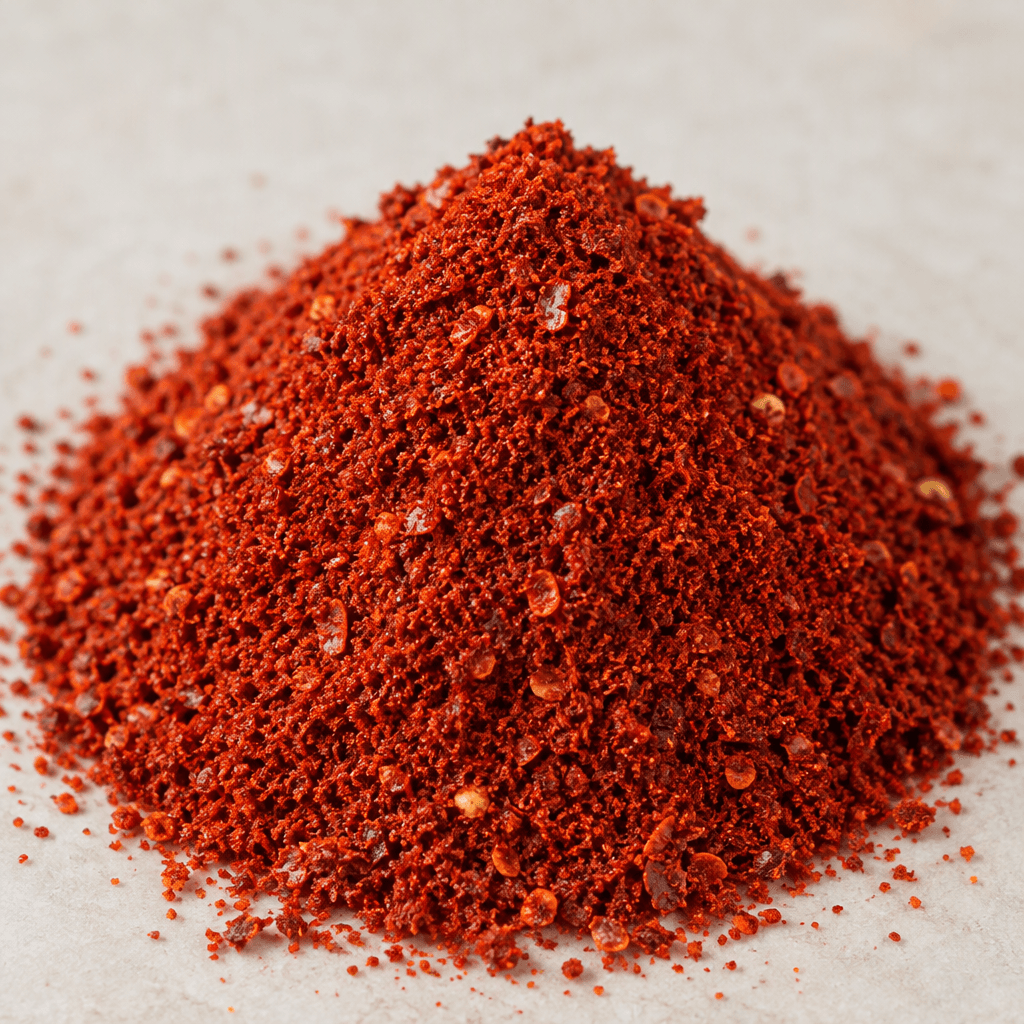 A mound of finely ground red chili pepper, with a vivid deep-red color, loose powdery texture, and tiny uneven flakes visible throughout.