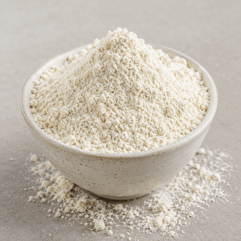 A mound of fine, loose white to pale-cream powder with a soft, dry, slightly granular texture, gathered in a small bowl with a little scattered around it.