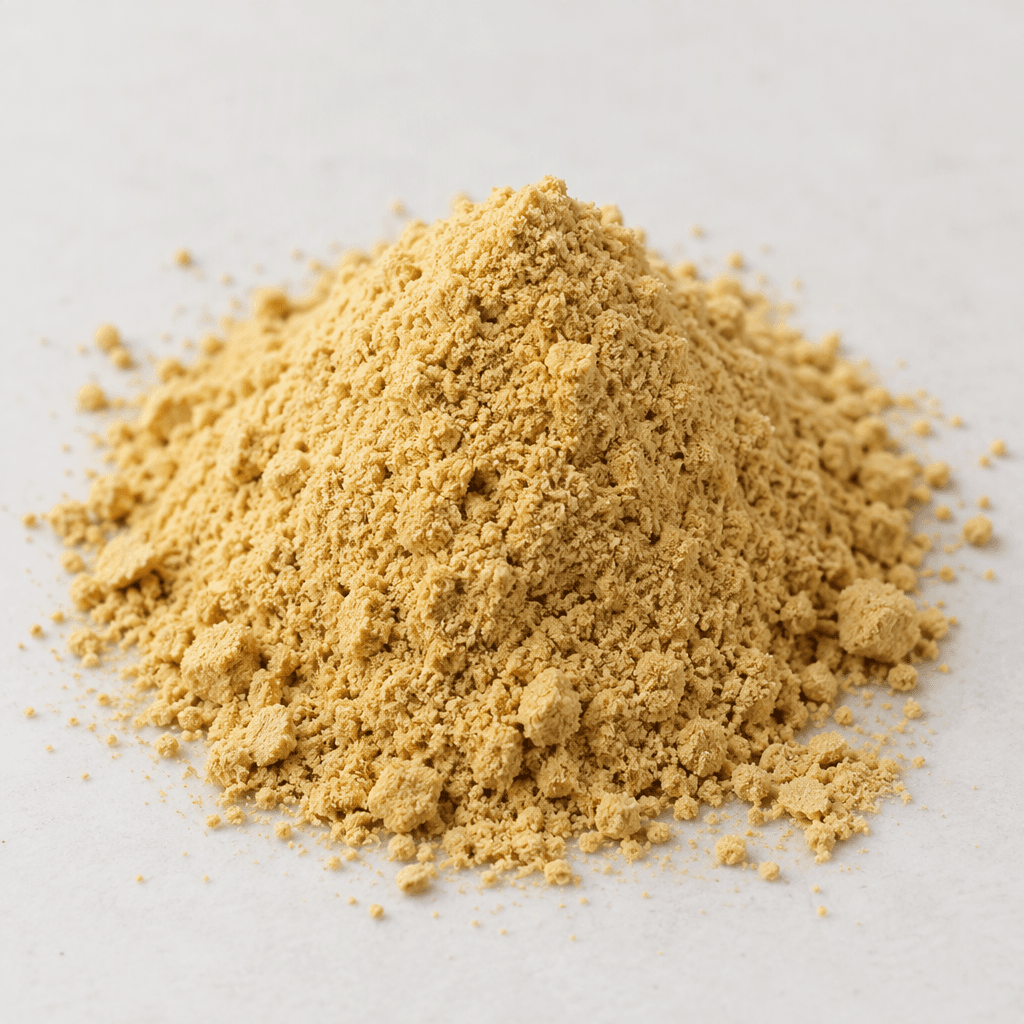 A small mound of finely ground ginger appears as a loose, matte powder in a warm pale golden-tan colour, with tiny uneven granules and soft edges, resting on a plain light surface.